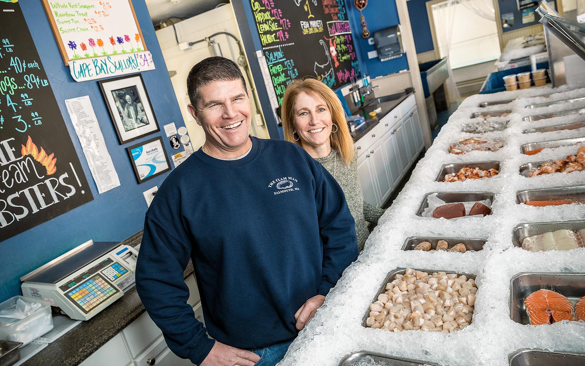 Portrait of husband and wife team who own the Clam Man Falmouth Ma photographed by Kevin Brusie for Cape Cod 5 Bank Annual Report