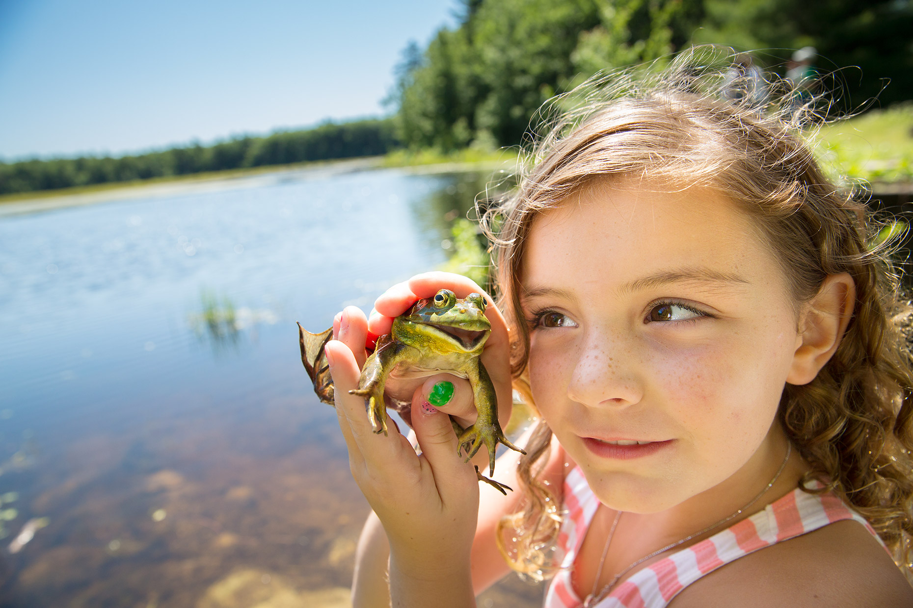 Young girl with bullfrog at a pond. Image created for The Trust for Public Land.